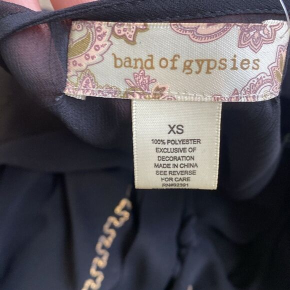 Band of Gypsies Black Sheer Gold Embroidered Tie Neck Long Slv Peasant Top Boho - Picture 6 of 7